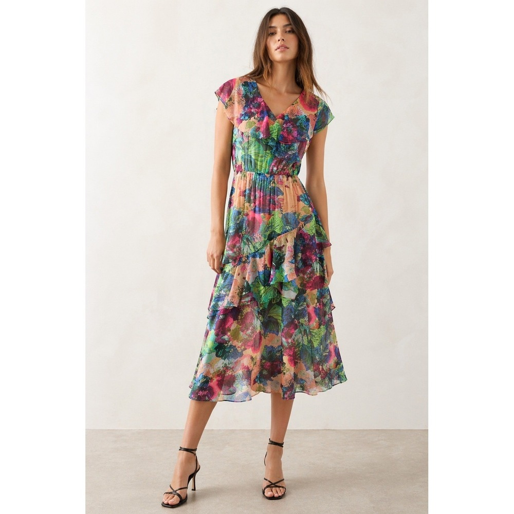 Soft Surroundings Womens Floral‎ Ruffle Tiered Midi Dress S Multicolor Tropical